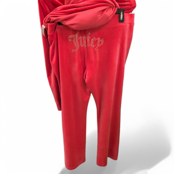 JUICY COUTURE BLING Velour TRACKSUIT Size L Pants + Hoodie 2 Piece Set Hot Pink - Picture 10 of 16